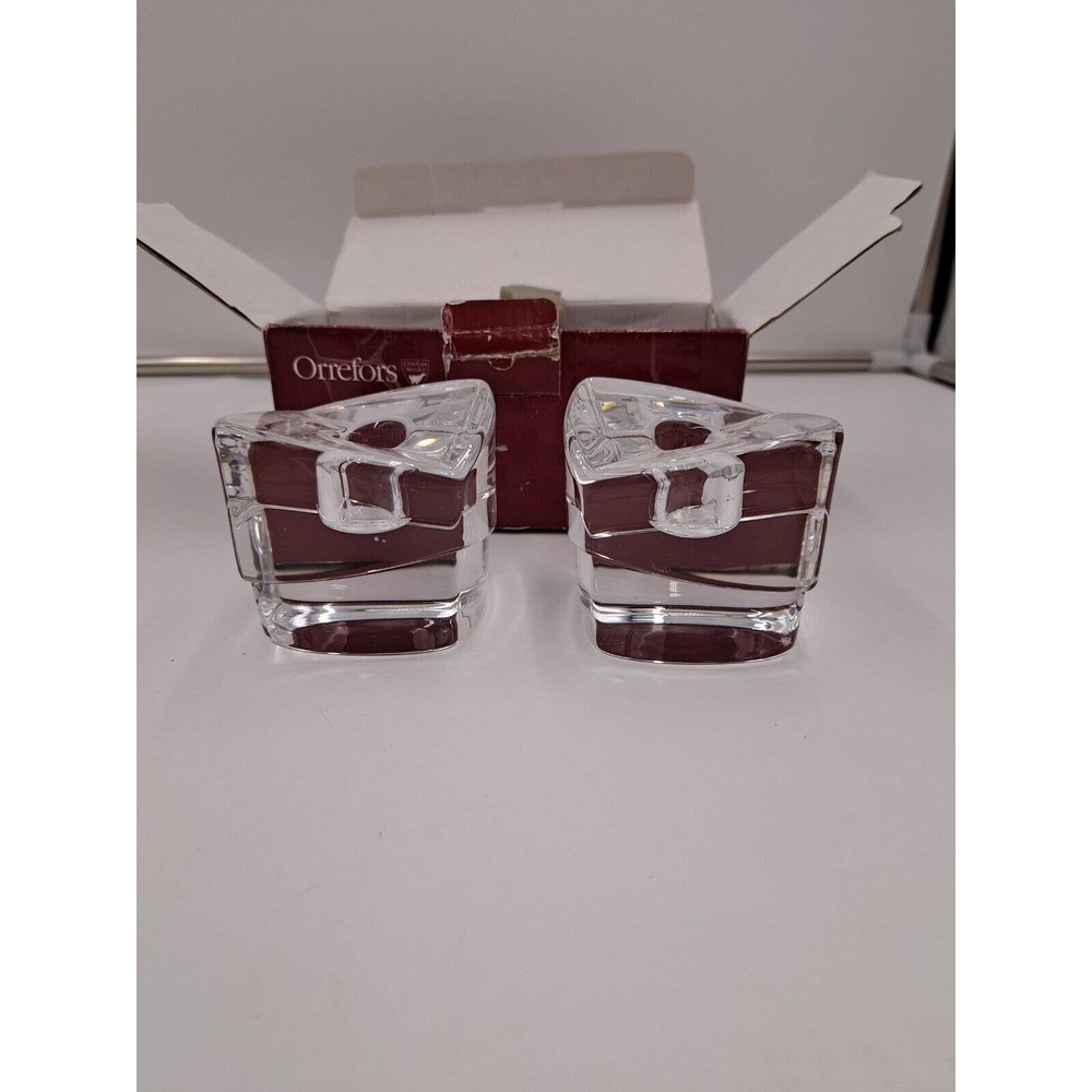 Pair of Orrefors Lancelot Candle Holders made in Sweden w/ box, very nice